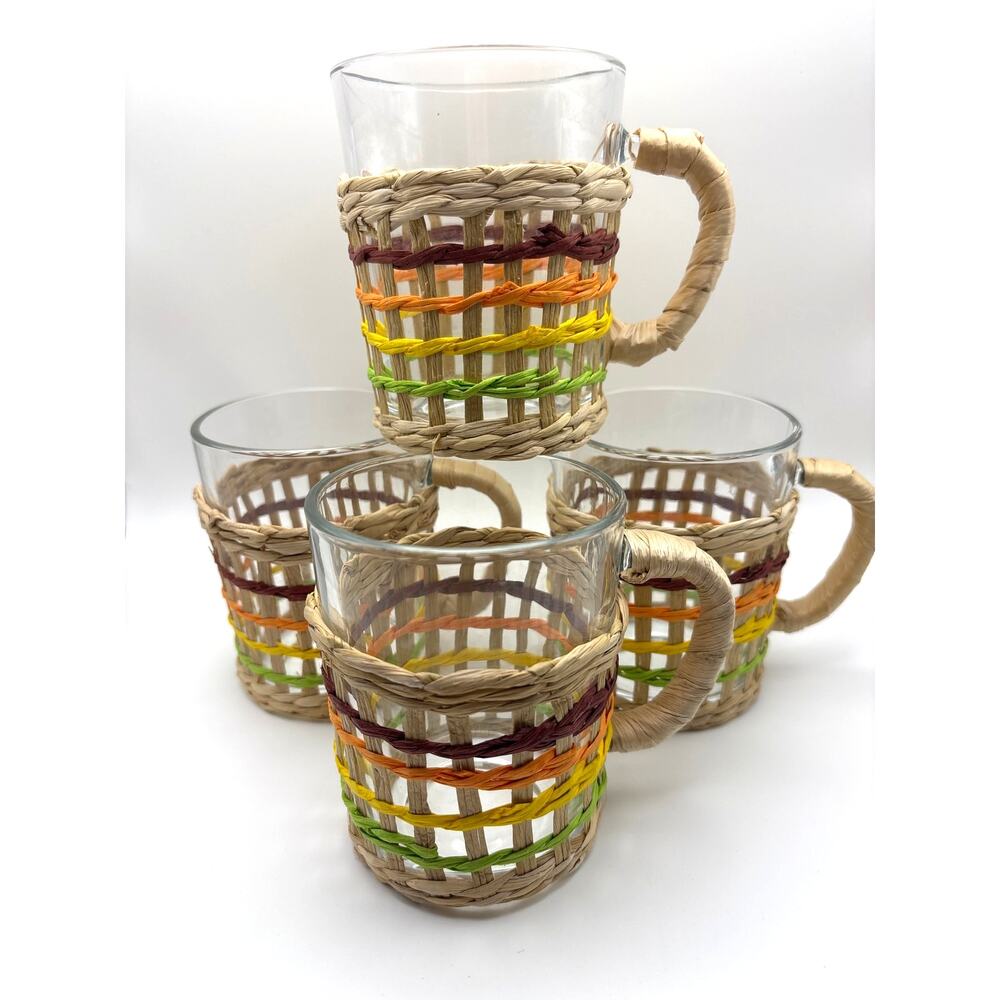 Vintage Island Chic Lattice Wicker Rattan BOHO Glass Mug & Holders Set of 4